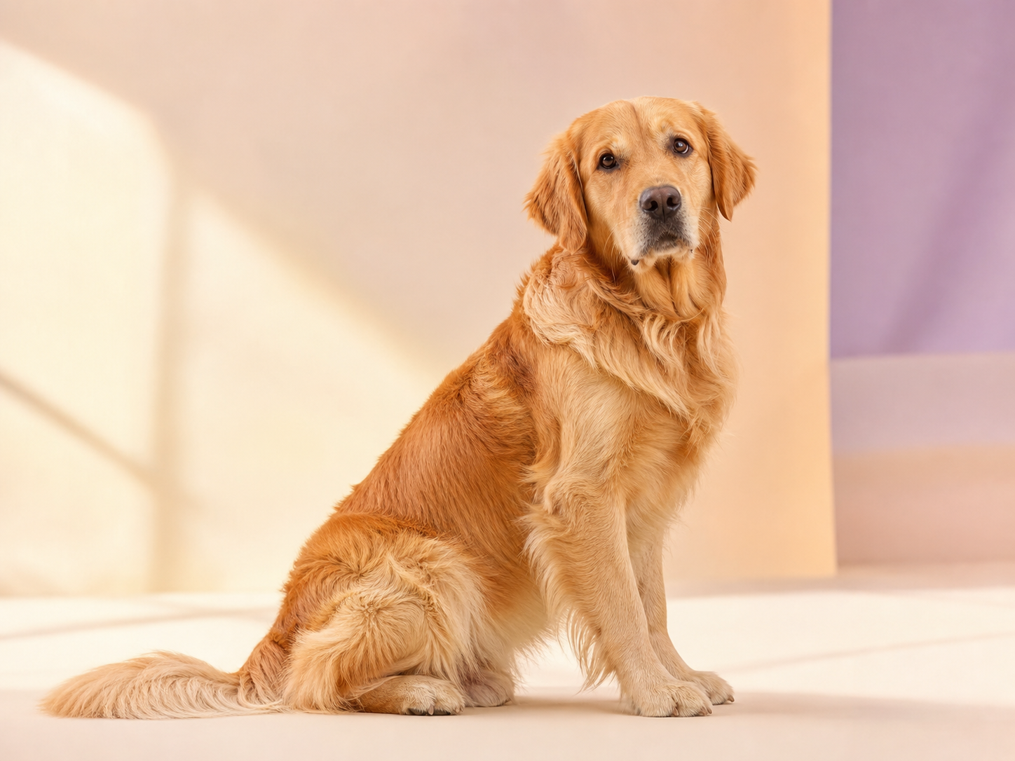 Golden retriever resting in warm light